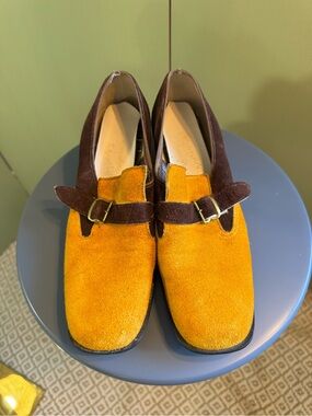 Suede Two-Tone Buckle Loafers in Mustard and Dark Brown